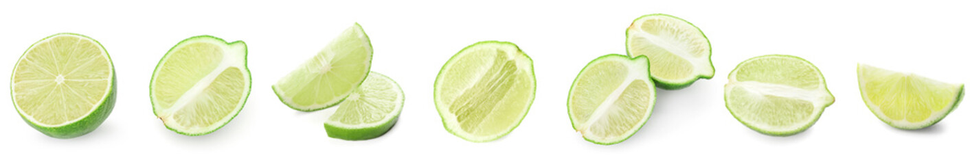Set of ripe cut limes isolated on white