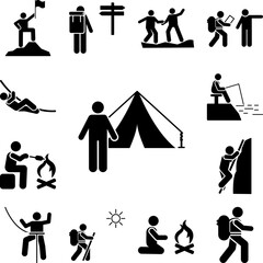 Man tent camp hiking adventure icon in a collection with other items
