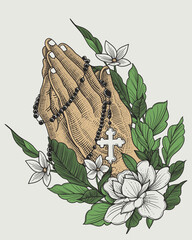 praying hands with a rosary necklace and floral ornament
 - obrazy, fototapety, plakaty