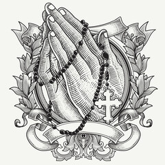praying hands with a rosary necklace and floral heraldic ornament
