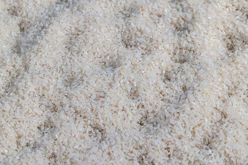 a pile of scattered white rice on the kitchen table