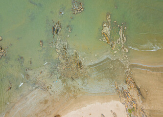 Aerial drone view of coastal scenery in Tanjung Kempit, Mersing, Johor, Malaysia.