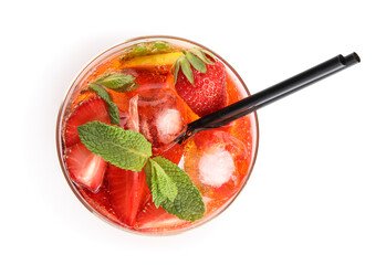 Glass of strawberry lemonade with straws on white background, top view