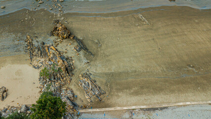 Aerial drone view of coastal scenery in Tanjung Kempit, Mersing, Johor, Malaysia.