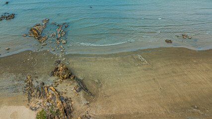 Aerial drone view of coastal scenery in Tanjung Kempit, Mersing, Johor, Malaysia.