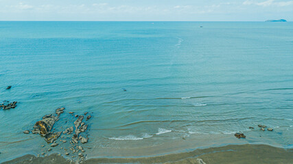 Aerial drone view of coastal scenery in Tanjung Kempit, Mersing, Johor, Malaysia.