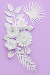 Beautiful composition made of origami flowers on color background