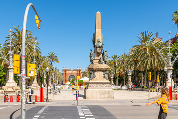 The The Rius and Taulet monument in the Parc de la Ciutadella in the historic center of Barcelona, Spain, on a summery day with a clear blue sky.