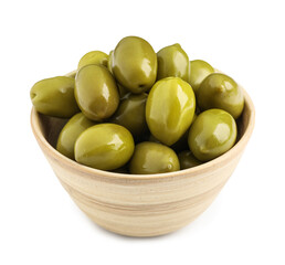 Bowl with delicious green olives isolated on white background
