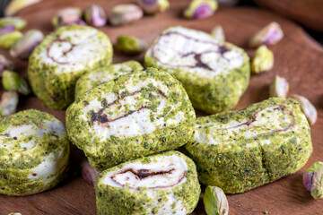 soft Turkish delight confection with pistachio nuts and chocolate
