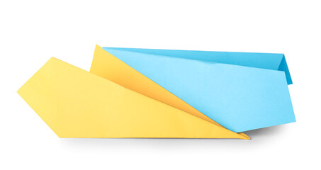 Paper planes in colors of Ukrainian flag on white background
