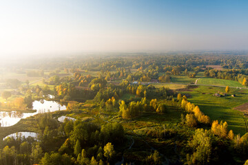 Fototapeta na wymiar Amazing aerial view of Kirkilai karst lakes in the bright sunny autumn morning,