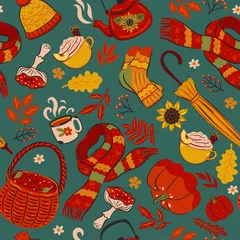 Foto op Canvas Seamless pattern with autumn items. Vector graphics. © Екатерина Зирина
