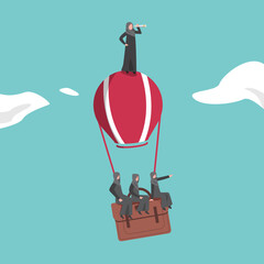 Business concept flat Arabic businesswoman standing, looking through monocular on hot air balloon briefcase. Business people group search to success. Growth, vision. Graphic design vector illustration