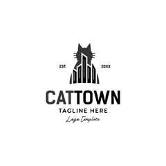 cat with town building logo icon vector template