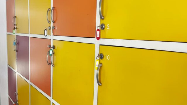 gym lockers. Lockers with colored keys. Lockers in the hotel. Inside. public gym.