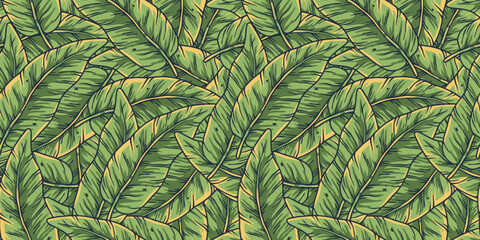 Tropical exotic green plants and leaves wallpaper. Seamless pattern with summer tropical palm foliage