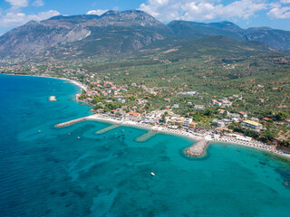 Aerial panoramic view near Mantinies and Acrogiali seaside area in Messenia prefecture near Kalamata city - Greece.