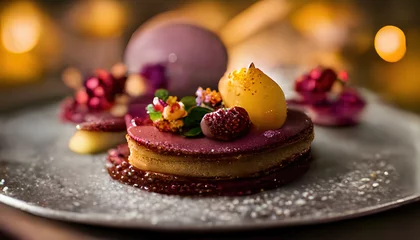 Foto op Plexiglas Delicious and delicate raspberry dessert with vanilla cream, strawberry and whipped cream. Selective focus. © Bnetto