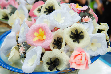 flowers made of paper for use in funerals according to Thai tradition