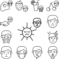 Sun, allergic face icon in a collection with other items