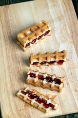 soft square waffles with strawberry jam