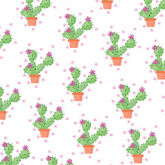 Cactus with pink flowers on a light background. Seamless vector pattern with cactus