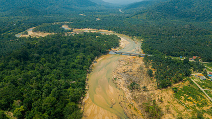 Aerial drone view of river scenery in Hutan Lipur Belukar Bukit, Kuala Berang, Terengganu, Malaysia.