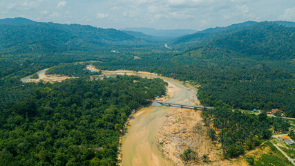 Aerial drone view of river scenery in Hutan Lipur Belukar Bukit, Kuala Berang, Terengganu, Malaysia.