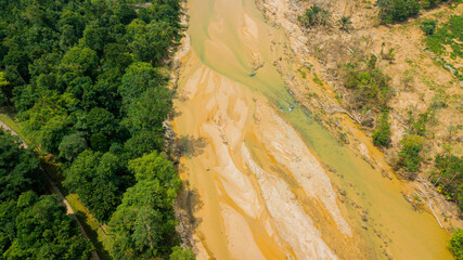 Aerial drone view of river scenery in Hutan Lipur Belukar Bukit, Kuala Berang, Terengganu, Malaysia.