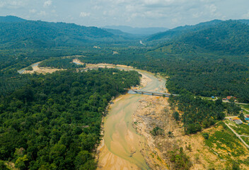 Aerial drone view of river scenery in Hutan Lipur Belukar Bukit, Kuala Berang, Terengganu, Malaysia.