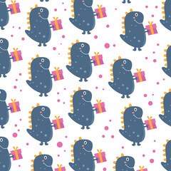 Seamless cute dinosaur pattern with gifts. Happy Birthday pattern on a bright background. Vector for wrapping paper, baby clothes, pajamas and children's bed covers