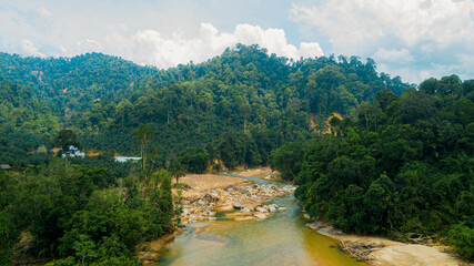 Aerial drone view of forest scenery in Hutan Lipur Belukar Bukit, Kuala Berang, Terengganu, Malaysia.