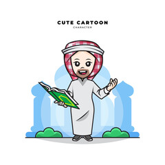 Cute cartoon character of muslim boy holding the holy quran