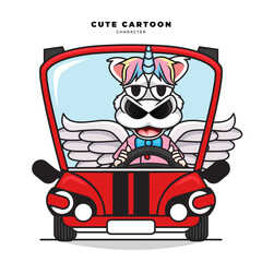 Cute cartoon character of unicorn is driving a car