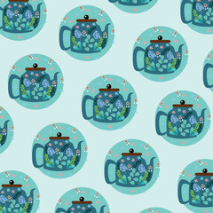 Illustration of an antique teapot with leaves. The teapot pattern is tea time
