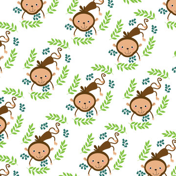 Pattern with cute monkey behavior and leaves decoration
