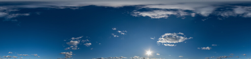 Blue sky hdri 360 panorama with white beautiful clouds. Seamless panorama with zenith for use in 3d graphics or game development as sky dome or edit drone shot for sky replacement