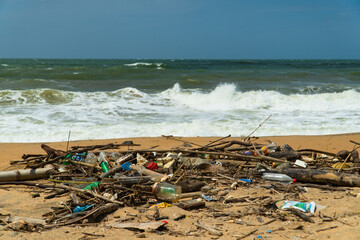 Sea coast after the storm. Environmental nature waste. Negombo, Sri Lanka.