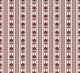 Vector ethnic embroidery red color geometric stripes seamless pattern background. Surface pattern design. Use for fabric, textile, interior decoration elements, upholstery, wrapping.