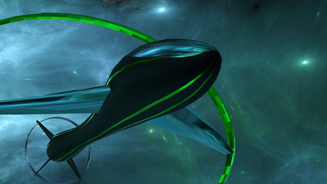 Glitter space ship glass cockpit and its reflection with blue green nebula in background (3D Rendering)