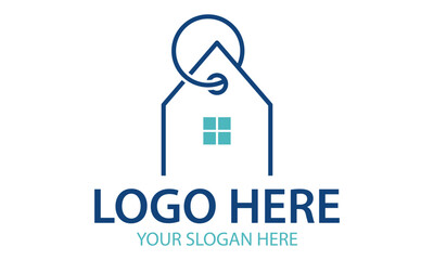 Blue Color Line Art Hang Tag Modern House Logo Design