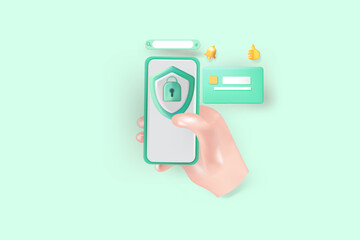 3D credit card money financial security for online shopping, online payment credit card with payment protection concept. business finance, shopping with mobile security concept. vector illustration