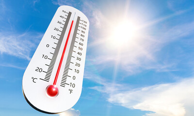 A thermometer that goes off the charts in a scorching summer - obrazy, fototapety, plakaty