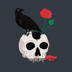 Zombie Raven on Skull of Dead Vampire Skeleton Poppy Flower - obrazy, fototapety, plakaty