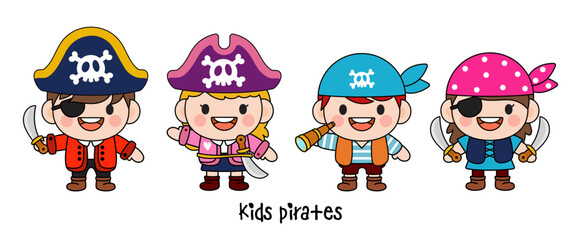 Kids pirate captain and sailor characters, Filled Clipart
