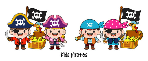 Kids pirate captain and sailor characters, Filled Clipart