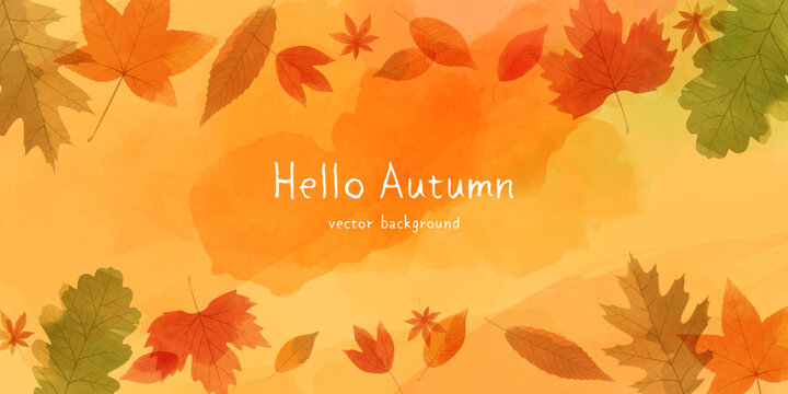 Autumn leaves banner background with copy space. Vector illustration of botanical leaves watercolor.