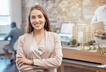 Fototapeta premium Modern, young and smiling female corporate head architect ready to work and design in an office. Portrait of a trendy architecture worker with a smile. Closeup of a happy intelligent woman employee
