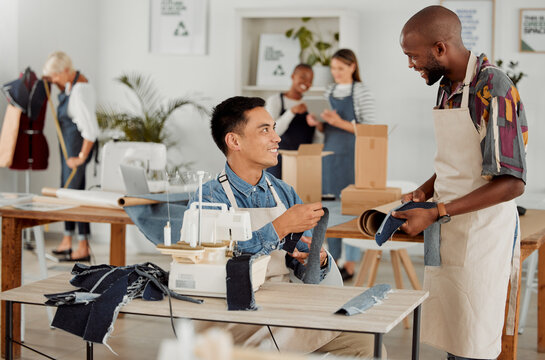 Fashion designers, colleagues and men sewing clothes in a workshop. Happy, diverse and smiling young creatives planning garment designs in a textile, clothing and manufacturing studio or factory
